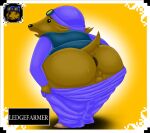  amateurcooper anus balls big_butt bottomwear butt clothing eulipotyphlan genitals headgear headwear hedgehog icon ledgefarmer looking_back male mammal presenting presenting_hindquarters pulling_pants_down shovel_knight solo text topwear yacht_club_games 