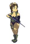  anthro bottomwear brown_hair ceratopsian clothed clothing cosplay crossover dinosaur facial_horn female gloves goodbye_volcano_high green_eyes gun hair handwear hi_res horn humanoid konami legwear mammal metal_gear metal_gear_solid_v ornithischian pigtails ranged_weapon reptile rifle scalie simple_background skimpy sniper_rifle snoot_game_(fan_game) solo stephanie_(gvh) stockings straps thong torn_bottomwear torn_clothing torn_legwear torn_stockings triceratops underwear unknown_artist video_games weapon white_background yellow_body yellow_skin 