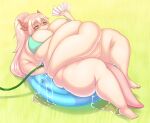  absurd_res animal_humanoid belly big_belly big_breasts breasts cakecatboy dragon dragon_humanoid female hair hand_fan hi_res horn horned_humanoid hose huge_breasts humanoid kiddie_pool obese obese_female overweight overweight_female pink_eyes pink_hair solo thick_thighs unknown_character 