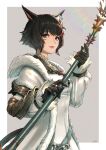  1girl absurdres animal_ears avatar_(ff14) bangs belt black_gloves black_hair border cam_(cammero95713700) cat_ears cat_girl cat_tail coat facial_mark final_fantasy final_fantasy_xiv flower fur-trimmed_coat fur_trim gloves grey_background grey_eyes hair_flower hair_ornament highres holding holding_staff jewelry long_sleeves looking_at_viewer miqo&#039;te open_clothes open_coat outside_border puffy_long_sleeves puffy_sleeves ring shirt short_hair signature slit_pupils smile solo staff standing tail upper_body white_border white_coat white_shirt 