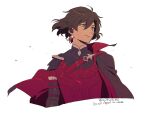  1boy asaya_minoru bangs black_cape brown_eyes brown_hair cape closed_mouth constantine_xi_(fate) copyright_request cropped_torso earrings english_text eyebrows_behind_hair fate/grand_order fate_(series) hair_between_eyes jewelry looking_away male_focus red_shirt shirt shoulder_cape simple_background twitter_username upper_body white_background 