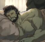  1boy 1other avatar_(ff14) bara closed_eyes closed_mouth colored_skin commentary_request facial_hair final_fantasy final_fantasy_xiv green_skin large_pectorals male_focus mature_male muscular muscular_male pectorals roegadyn scar scar_on_arm scar_on_chest scar_on_face sleeping solo topless_male uori 