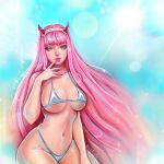  1girl absurdres aqua_eyes artist_name bangs bare_arms bare_shoulders bikini blackfuryart breasts commentary darling_in_the_franxx fingernails hand_up highleg highleg_bikini highres horns leotard lips long_hair looking_at_viewer medium_breasts navel parted_lips pink_hair shiny shiny_hair shiny_skin signature simple_background solo stomach swimsuit thighs zero_two_(darling_in_the_franxx) 