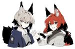  2girls :d animal_ears arknights ashlock_(arknights) black_scarf black_shirt blue_jacket brown_eyes clenched_teeth collared_shirt commentary cropped_torso english_commentary flametail_(arknights) grey_eyes grey_vest hair_between_eyes hand_up highres jacket looking_at_viewer mechanical_owl multiple_girls open_clothes open_jacket oripathy_lesion_(arknights) red_hair scarf shirt short_hair simple_background smile squirrel_ears squirrel_girl squirrel_tail tail teeth upper_body v-shaped_eyebrows vest waving white_background white_jacket white_shirt 