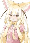  1girl :3 absurdres alternate_hair_length alternate_hairstyle amber_eyes animal_ear_fluff animal_ears bangs blonde_hair bow bowtie fennec_(kemono_friends) fur_cuffs hekicho highres jitome kemono_friends megumi_222 pink_sweater simple_background solo sweater white_background yellow_bow yellow_bowtie 