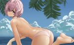  1girl absurdres ass bare_shoulders blush breasts dddm fate/grand_order fate_(series) highres large_breasts looking_at_viewer mash_kyrielight ocean outdoors parted_lips pink_hair purple_eyes soles topless water wet 