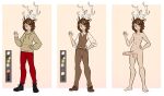  absurd_res animal_ears antlers asroyal_sagittarius boots bottomwear brown_bottomwear brown_clothing brown_hair brown_pants brown_topwear brown_vest cervid clothing digital_media_(artwork) erection fan_character footwear genitals hair hi_res hoodie horn human humanoid male mammal model_sheet nipples nude pale_skin pants penis red_bottomwear red_clothing red_pants refrence_sheet silencead33 slim solo topwear vest yellow_eyes 