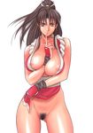  areolae artbook black_hair breasts fatal_fury finger_to_mouth grey_eyes highres large_breasts long_hair momoi_nanabei no_bra no_panties pelvic_curtain ponytail pubic_hair pussy rope shiranui_mai snk solo the_king_of_fighters 