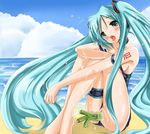  aqua_eyes aqua_hair beach blush day hatsune_miku long_hair natsume_fumika object_insertion ocean one-piece_swimsuit pussy sitting solo spring_onion sweat swimsuit swimsuit_aside tongue twintails undressing very_long_hair vibrator vocaloid wet 