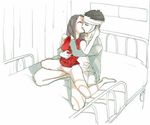  1girl bandages bed bottomless commentary copyright_request couple from_behind hetero hospital hospital_bed kiss lowres ryuko_azuma sex shijuuhatte sketch traditional_media 