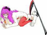  1girl barefoot blood commentary copyright_request couple feet hetero lowres necrophilia nude purple_hair ribbon ryuko_azuma scythe sex shijuuhatte sketch thighhighs traditional_media 