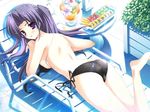  ass back bare_shoulders barefoot bikini black_bikini blush breasts feet food fruit long_hair lying lyrical_lyric medium_breasts mikeou on_stomach purple_eyes purple_hair side-tie_bikini sideboob solo swimsuit takami_rin untied 