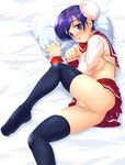  acid_head bed black_legwear blush bun_cover censored double_bun feet highres himeyuri_sango mosaic_censoring no_panties pillow purple_eyes purple_hair pussy pussy_juice school_uniform serafuku short_hair solo thighhighs to_heart_2 