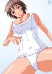  azumanga_daiou breasts brown_hair bursting_breasts huge_breasts kagura_(azumanga_daiou) ki-ke one-piece_swimsuit school_swimsuit short_hair solo swimsuit white_school_swimsuit white_swimsuit 