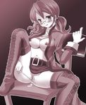  censored copyright_request glasses maki_(seventh_heaven_maxion) monochrome mosaic_censoring pussy shirt_lift solo spread_legs thighhighs 