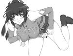  belt blush boots breast_press breasts censored detached_sleeves final_fantasy final_fantasy_unlimited greyscale hair_ribbon huge_breasts lisa_pacifist monochrome panties panties_aside pussy ribbon shichimenchou solo underwear 