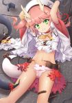  1girl arms_up azur_lane beret breasts chain chained chains commentary_request dragon_tail glaring green_eyes hat horns isa long_sleeves looking_at_viewer low_twintails navel panties pink_hair pink_panties rope ryuujou_(azur_lane) scowl skirt small_breasts solo sweat tail torn_clothes torn_skirt twintails underwear 