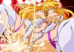  ahegao beauty_ichigaya blonde_hair breasts d-stop fingering fucked_silly golden_shower huge_breasts lactation pee peeing pubic_hair pussy ringlets solo thighhighs wrestle_angels 