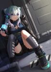  1girl absurdres blue_eyes blue_hair breasts cleavage cube headphones highres jacket monster_strike neo_(monster_strike) single_thighhigh sitting solo thighhighs tsuseki 