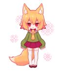  1girl :o akane_stradanya animal_ear_fluff animal_ears animated animated_gif bangs bell blonde_hair borrowed_character brown_footwear collar commentary eyebrows_visible_through_hair fox_ears fox_girl fox_tail full_body green_shirt hair_between_eyes jingle_bell kemomimi-chan_(naga_u) long_sleeves looking_at_viewer neck_bell original parted_lips pleated_skirt red_collar red_eyes red_skirt ribbon-trimmed_legwear ribbon_trim shirt short_eyebrows skirt sleeves_past_fingers sleeves_past_wrists solo standing straight-on tail thick_eyebrows thighhighs white_background white_legwear zouri 