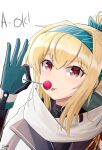  1girl blonde_hair bow candy eyebrows_visible_through_hair food gamryous girls&#039;_frontline gloves green_bow green_headwear hair_bow hair_ribbon highres lollipop looking_at_viewer multicolored_clothes multicolored_gloves ok_sign red_eyes ribbon russian_flag scarf smile solo sv-98_(girls&#039;_frontline) tongue turtleneck white_scarf 