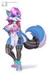  anthro blue_body blue_fur canid canine choker clothing eyewear female fingerless_gloves footwear fox fur genitals glasses gloves hair handwear headphones hi_res jewelry kyodashiro legwear looking_at_viewer mammal mostly_nude necklace nipples paladins pattern_clothing pepper_(paladins) pink_hair pussy shoes signature simple_background solo solo_focus striped_clothing stripes thigh_highs white_background 