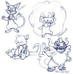  2021 2_toes 4_fingers abra alien alternate_form blue_and_white blueberrybamf claws crossover disney experiment_(lilo_and_stitch) feet fingers group lilo_and_stitch monochrome nintendo on_one_leg open_mouth open_smile perrserker pok&eacute;mon pok&eacute;mon_(species) purrloin simple_background sketch smile standing text toes video_games whimsicott white_background 