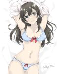 1girl arms_up black_hair blue_bra blue_panties bra breasts cleavage cowboy_shot gakky grey_eyes kantai_collection looking_at_viewer medium_breasts navel one-hour_drawing_challenge oyashio_(kancolle) panties solo underwear undressing 