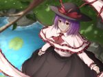  1girl ascot bangs black_headwear black_skirt blurry blurry_foreground bow branch capelet closed_mouth frilled_capelet frilled_shawl frills from_above hat hat_bow hatoman_(ytef4434) highres lily_pad long_sleeves nagae_iku outdoors purple_hair red_ascot red_bow red_eyes shawl shirt short_hair skirt smile solo touhou water white_capelet white_shirt 