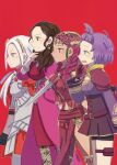  4girls armor bernadetta_von_varley brown_hair dagger dorothea_arnault dress earrings edelgard_von_hresvelg fire_emblem fire_emblem:_three_houses fire_emblem_warriors:_three_hopes from_side hair_ornament jewelry knife mt_gka multiple_girls nervous open_mouth petra_macneary purple_hair red_background serious smile standing topknot weapon white_hair 