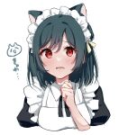  1girl animal_ears apron bangs black_hair blush cat_ears dark_green_hair embarrassed fang hair_ribbon harukasu_(mememememo) highres love_live! love_live!_nijigasaki_high_school_idol_club maid maid_apron maid_headdress mifune_shioriko open_mouth orange_eyes red_eyes ribbon short_hair swept_bangs 