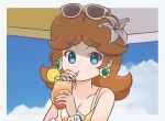  1girl alternate_costume beach_umbrella blue_eyes bracelet brooch brown_hair chocomiru cloud cocktail drink drinking drinking_straw earrings eyewear_on_headwear flower hair_flower hair_ornament jewelry lei mario_(series) princess_daisy sky solo sunglasses super_smash_bros. swimsuit umbrella 