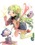  1girl absurdres demon_girl demon_horns demon_tail green_eyes green_hair green_shirt highres horns jack_in_the_box_(toy) long_hair mairimashita!_iruma-kun one_eye_closed overall_skirt pink_shirt pointy_ears sharp_teeth shirt single_thighhigh slippers striped striped_legwear tail teeth thighhighs user_jrrk4272 valac_clara yellow_legwear 