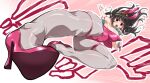  1girl animal_ears black_hair breasts brown_eyes fake_animal_ears floating_hair gloves grey_legwear high_heels highres kantai_collection kicking large_breasts leotard multicolored_hair naganami_(kancolle) open_mouth pantyhose pink_footwear pink_hair pink_leotard rabbit_ears solo speed_lines strapless strapless_leotard white_gloves yoshi_tama 