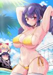  3girls animal_ears annoyed armpits arms_behind_head arms_up azur_lane bangs beach bikini black_hair blonde_hair blue_eyes blue_sky blunt_bangs bow breasts cleavage cloud cloudy_sky collarbone commentary_request edoara eyebrows_visible_through_hair eyewear_on_head fox_ears fox_girl groin hair_between_eyes hair_bow hair_ribbon highres jealous large_breasts long_hair looking_at_another looking_at_viewer multiple_girls nagato_(azur_lane) navel ocean official_alternate_costume peeking_out pola_(azur_lane) pola_(seaside_coincidence)_(azur_lane) ponytail purple_hair queen_elizabeth_(azur_lane) red_eyes ribbon side-tie_bikini sidelocks sky stomach sunglasses sunlight swimsuit thighhighs twintails volleyball_net wet wet_clothes wet_swimsuit white_legwear yellow_bikini 