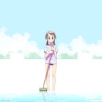  1girl artist_name bare_legs barefoot blue_sky blush broom brown_eyes brown_hair closed_mouth cloud commentary dated_commentary day empty_pool flat_chest full_body gym_shirt gym_uniform hair_ornament hairclip highres holding holding_broom looking_at_viewer low_twintails medium_hair one-piece_swimsuit original outdoors pool school_swimsuit shallow_water shapoco shirt short_sleeves sky smile solo standing swimsuit swimsuit_under_clothes t-shirt twintails twitter_username wading water wet wet_clothes wet_shirt white_shirt 