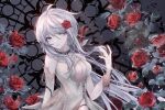  1girl character_request cleavage_cutout clothing_cutout copyright_request cross dress flower gloves grey_eyes hair_flower hair_ornament high_collar highres looking_at_viewer rika_mayuzumi rose sleeveless slit_pupils solo virtual_youtuber white_dress white_hair 