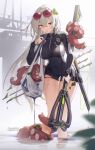  1girl absurdres arknights bag bangs bilibili_xiaolu black_swimsuit bodysuit breasts commentary_request covered_navel crossed_bangs eyebrows_visible_through_hair eyewear_on_head hair_between_eyes harpoon highres holding holding_bag holding_weapon large_breasts long_hair long_sleeves looking_at_viewer red_eyes skadi_(arknights) solo standing sunglasses swimsuit tentacles thigh_gap thighs torn_clothes very_long_hair water weapon wet white_hair zipper 