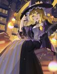  1girl alternate_color black_dress black_headwear blonde_hair book braid breasts capelet cleavage cosplay dress eyebrows_visible_through_hair falken_(yutozin) hair_between_eyes hat highres kirisame_marisa library long_hair long_sleeves looking_at_viewer medium_breasts open_mouth patchouli_knowledge patchouli_knowledge_(cosplay) single_braid smile solo striped touhou vertical_stripes witch_hat yellow_eyes 