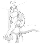  abs anthro athletic athletic_anthro athletic_male ball balls big_balls biped bottomless butt clothed clothing football_(ball) genitals greyscale kangaroo macropod male male_focus mammal marsupial mohawk monochrome muscular nipples nude pecs rear_view shirt solo standing thick_thighs topwear uncensored vexedlupine 