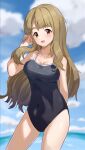  1girl black_swimsuit blue_sky breasts brown_eyes brown_hair cloud collarbone competition_school_swimsuit cowboy_shot ebifu highres idolmaster idolmaster_million_live! large_breasts long_hair looking_at_viewer miyao_miya school_swimsuit sky solo standing swimsuit thick_eyebrows 