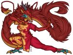  anthro asian_mythology barbel_(anatomy) black_horn blue_feet breasts claws clothing countershading dragon east_asian_mythology eastern_dragon female flesh_whiskers fluffy fluffy_tail horn long_tail mane markings misericorde mythology noodle_(jestrab) red_body red_clothing red_ears scalie signature simple_background solo white_background yellow_body yellow_claws yellow_countershading yellow_eyes yellow_inner_ear yellow_markings 