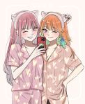  alternate_costume bangs breasts cellphone earrings feather_earrings feathers gradient_hair highres holding holding_phone hololive hololive_english jewelry mori_calliope multicolored_hair orange_hair outstretched_arm pajamas phone pink_hair pink_pajamas sein_025 selfie sleepwear smartphone smile takanashi_kiara taking_picture virtual_youtuber yuri 