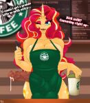  absurd_res apron big_breasts blonde_hair blue_eyes bodily_fluids breasts bulge clothing cum dialogue english_text equid equine erection eyeshadow fan_character genital_fluids genital_outline genitals gynomorph hair hasbro hi_res horn i_mean_breast_milk intersex makeup mammal medial_ring meme my_little_pony one_eye_closed penis penis_outline precum red_eyeshadow red_hair starbucks summer_solstice_(oc) tatemil text unicorn vein veiny_penis wink 