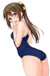  1girl bangs blue_eyes blush bow brown_hair hair_between_eyes hair_bow highres hino_minato_(spec.c) long_hair looking_at_viewer love_live! love_live!_nijigasaki_high_school_idol_club one-piece_swimsuit open_mouth ousaka_shizuku ponytail school_swimsuit sidelocks solo swimsuit underbutt white_background yellow_bow 