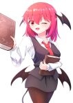  1girl ;d absurdres bat_wings black_legwear black_skirt black_vest book book_hug breasts collared_shirt demon_tail dot_nose dress_shirt eyebrows_visible_through_hair eyes_visible_through_hair fang hair_ornament head_wings highres holding holding_book koakuma long_sleeves looking_at_viewer low_wings medium_breasts necktie object_hug one_eye_closed pantyhose red_eyes red_hair red_necktie shirt simple_background skin_fang skirt skirt_set smile solo suzuki_eiru tail touhou vest white_background white_shirt wings 