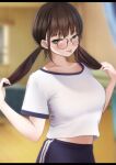  1girl :p bad_link black-framed_eyewear blurry blurry_background blush breasts brown_hair collarbone depth_of_field gym_uniform highres holding holding_hair indoors looking_at_viewer medium_breasts midriff_peek mole mole_under_eye navel original shirt short_sleeves sigmart03 tongue tongue_out twintails white_shirt 