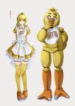  1girl animal_robot apron bib blonde_hair chica five_nights_at_freddy&#039;s highres maid maid_apron personification pizzanunko2 purple_eyes robot short_hair smile thighhighs white_apron 