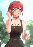  1girl alternate_hairstyle arrow_through_heart breasts choker cloud collarbone commentary_request cup day disposable_cup dress drinking_straw earrings hair_between_eyes heart heterochromia holding holding_cup hololive houshou_marine jangmaseason jewelry outdoors pinky_ring red_eyes red_hair ring short_hair sleeveless solo starbucks tree virtual_youtuber yellow_eyes 