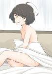  1girl ahoge bangs barefoot bed_sheet black_hair blunt_bangs breasts commentary_request highres kantai_collection kishinami_(kancolle) looking_at_viewer naked_sheet nude short_hair sitting small_breasts solo toplow under_covers wavy_hair yellow_eyes 